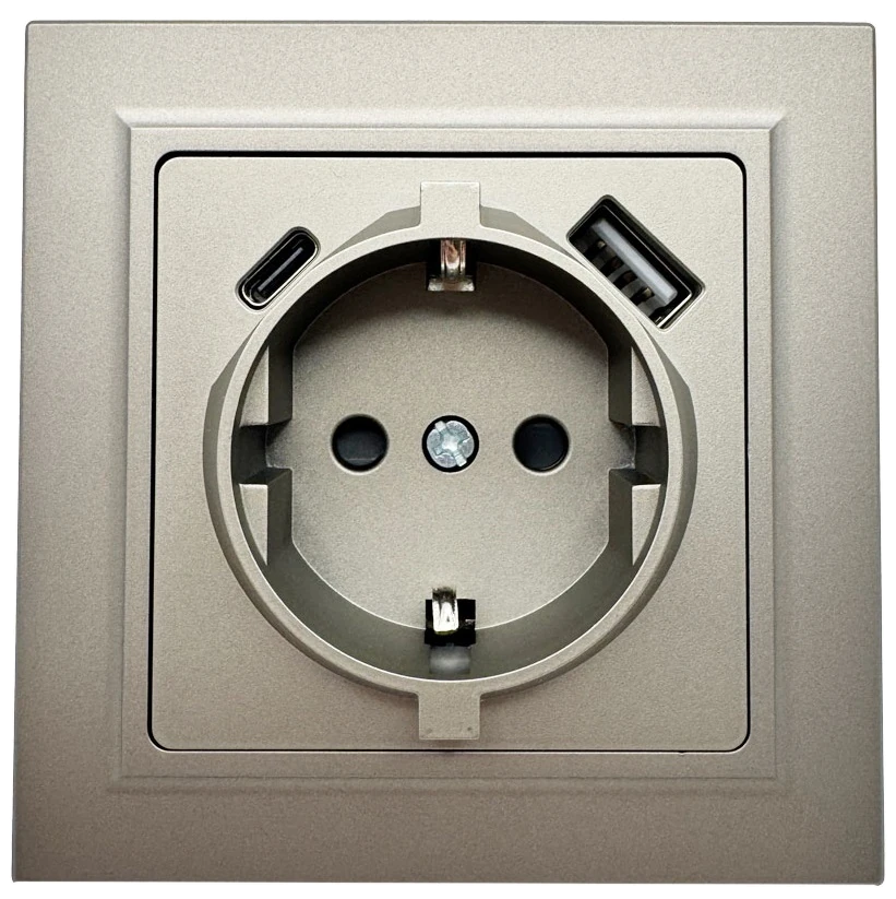 Розетка 1-я с/з с шторками с USB и TYPE C (5В, 2.1А) серая Софт-тач